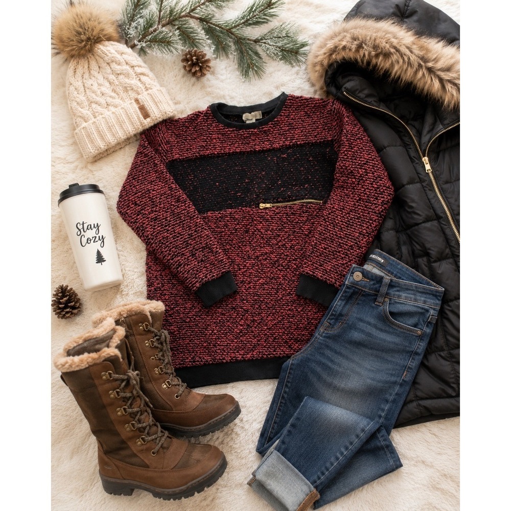ASOS Women's Textured Knit Sweater Burgundy/Black Colorblock Zip Detail Size 4